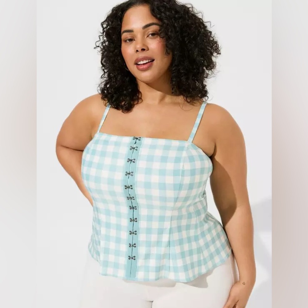 Torrid Fit And Flare Button Up Strapless Crop Top Jones Gingham Teal NWT